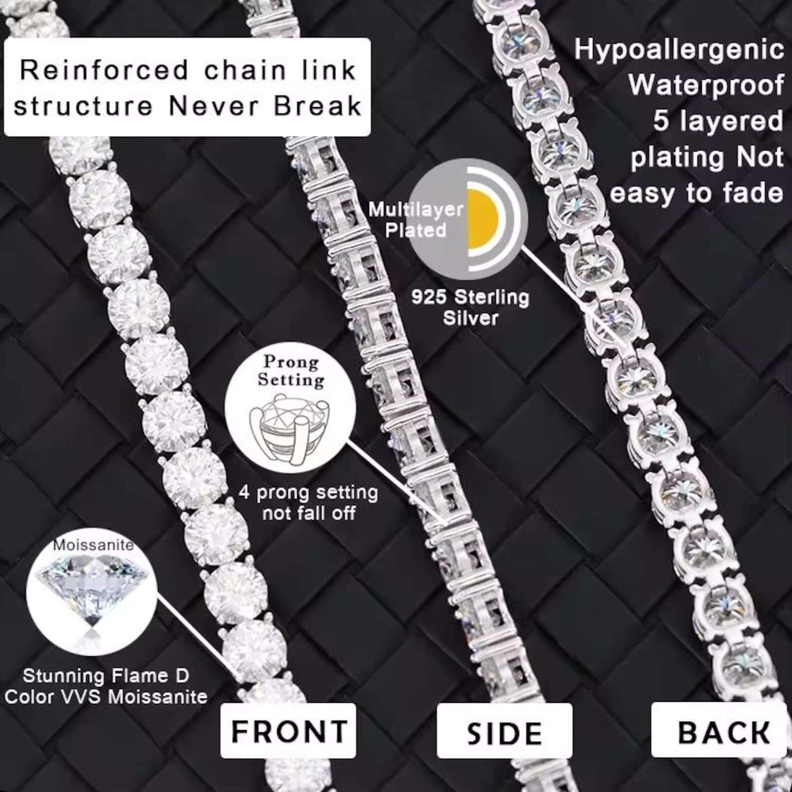 Elisa Dropping Cheap Price High Quality 3mm 4mm Moissanite Chain Hip Hop 925 Silver Gold Plated Tennis Bracelet for Women Men