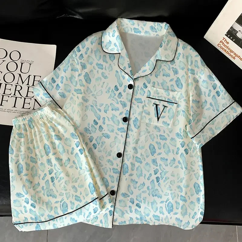 Victorian Style Fashion Leopard Print Womens Pajamas Retro Literary Fresh Homewear 2025 Summer Short Sleeve Shorts Pyjamas 250411