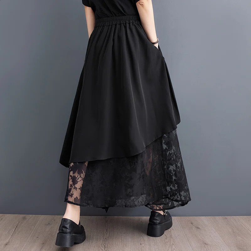#3002 Black Midi Irregular Skirts Women Summer Loose Spliced Lace A-line Skirt Pockets High Waisted Gothic Skirt Korean Style 250411