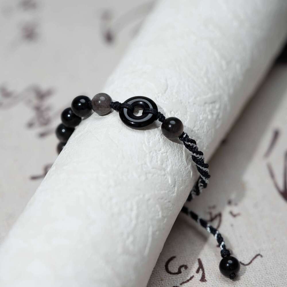 Dunhuang Volcanic Glass Couple's Bracelet Set - Matching Black Obsidian Adjustable Cords for Protection & Connection