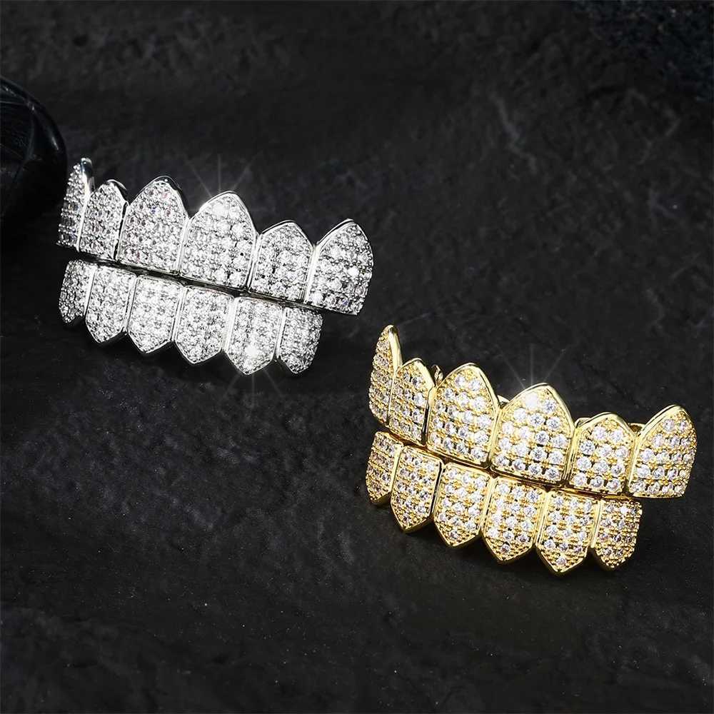 YONGX Top Bottom Ice Out Full CZ Stone Teeth Grillz Fangs Punk Hip Hop Cube Zircon Tooth Hat W250412