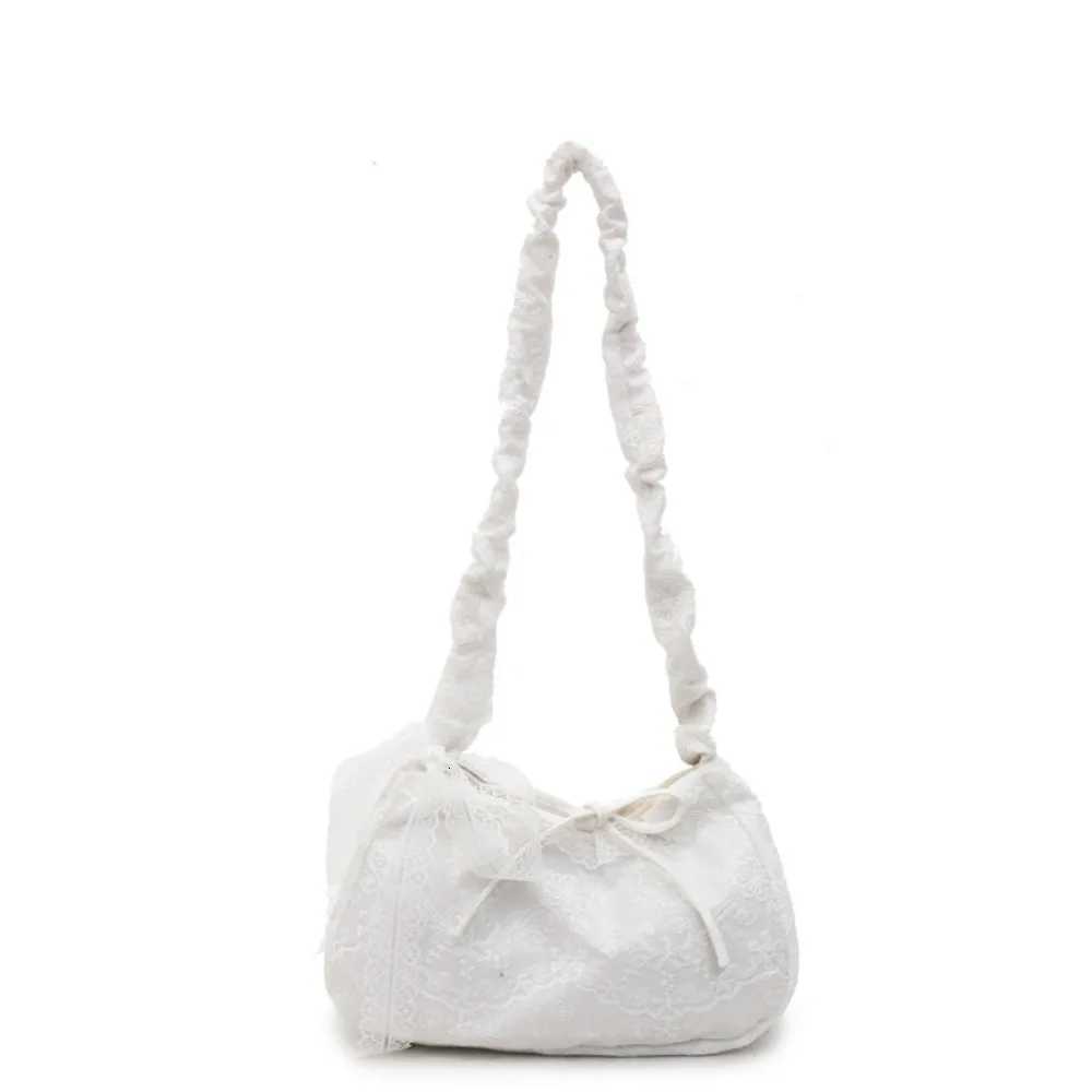 Big Pouch Tote Bag Lace Shoulder Bag With Ribbon Pleated Strap Simple Canvas Handbag Kawaii Cloth Large Capacity Bag TravelT2511112