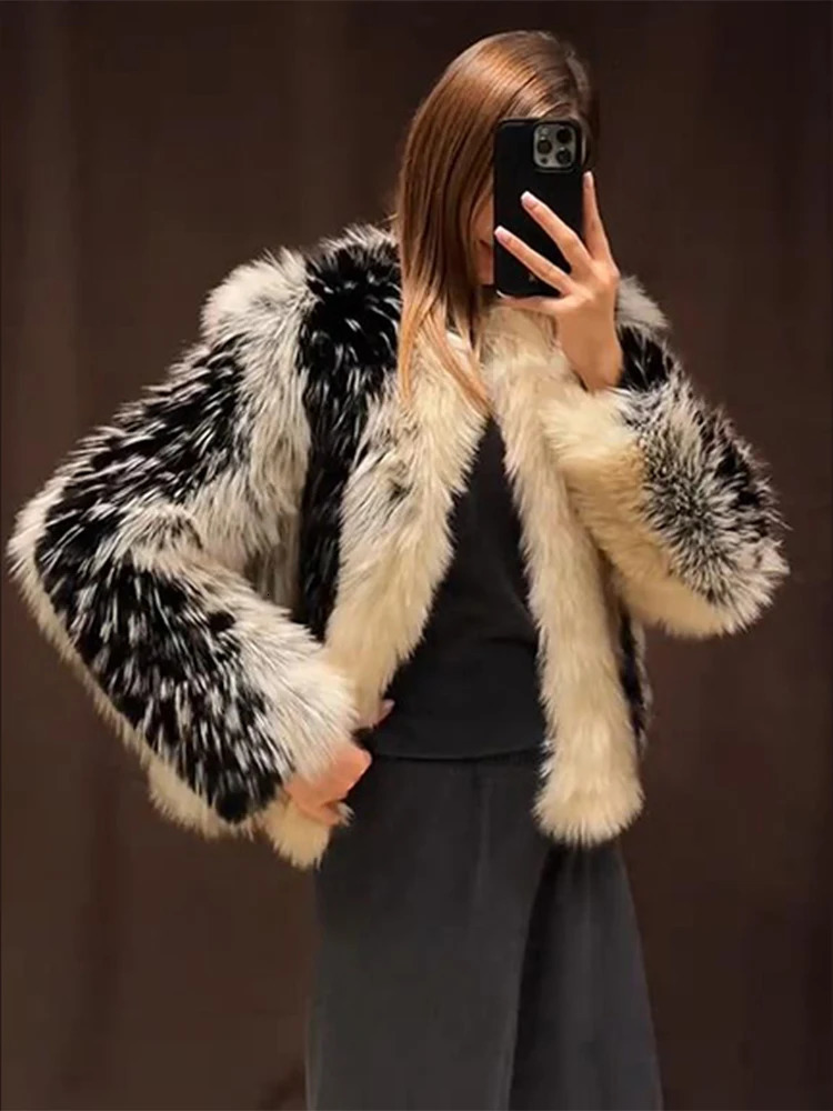 Elegant Fur Womens Coat Oneck Long Sleeve Thicken Warm Female Jackets 2025 Winter Fashion Panelled Furry Lady Outwears 251112