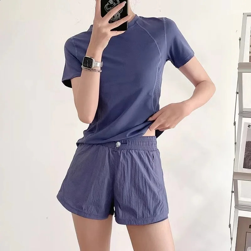 Sports suit summer solid color quick drying round neck short sleeve with inner shorts Running fitness womens set 250411