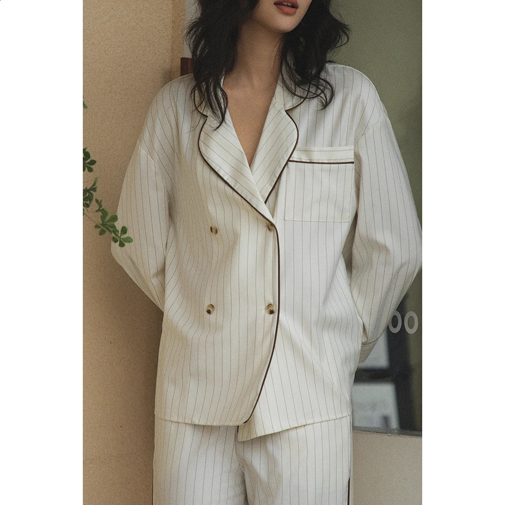 Musebree Womens Light Simple Lapel White Pajama Set Ladies s Striped Sleepwear Spring Nightwear Women Loungewear Set 250411