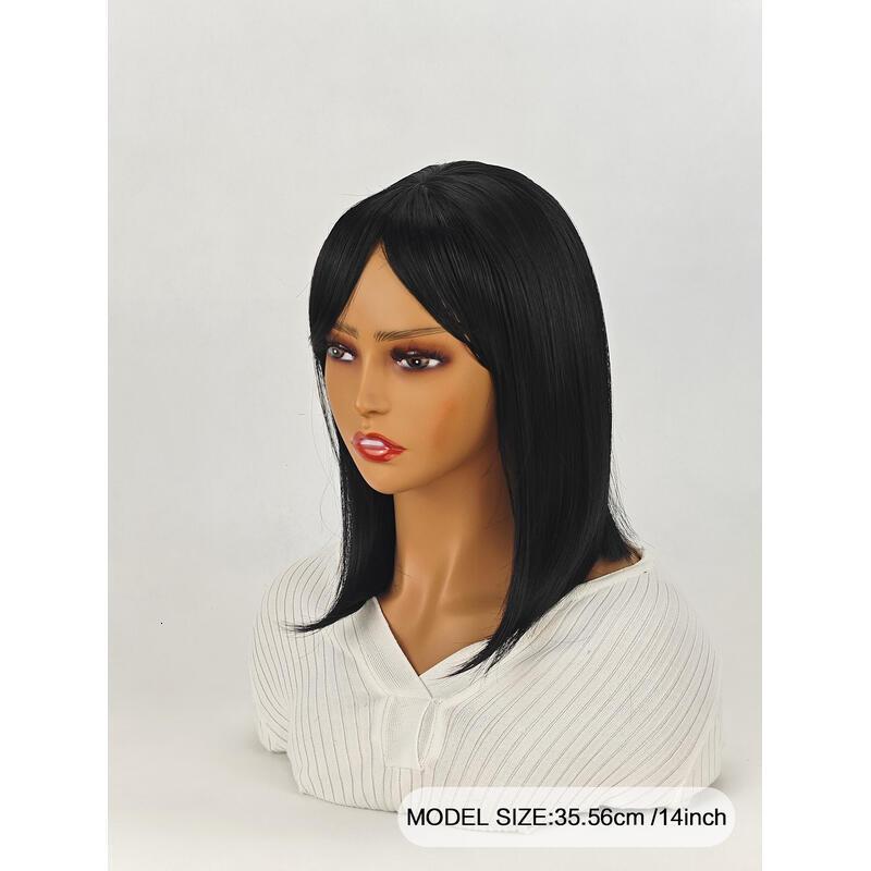 Shoulder-Length Layered With Bangs -14 Inch Peek-a-boo Color Black Mix Brown Mid-Length Wavy For Natural black Women, Heat Resistant Synthetic Hair Re