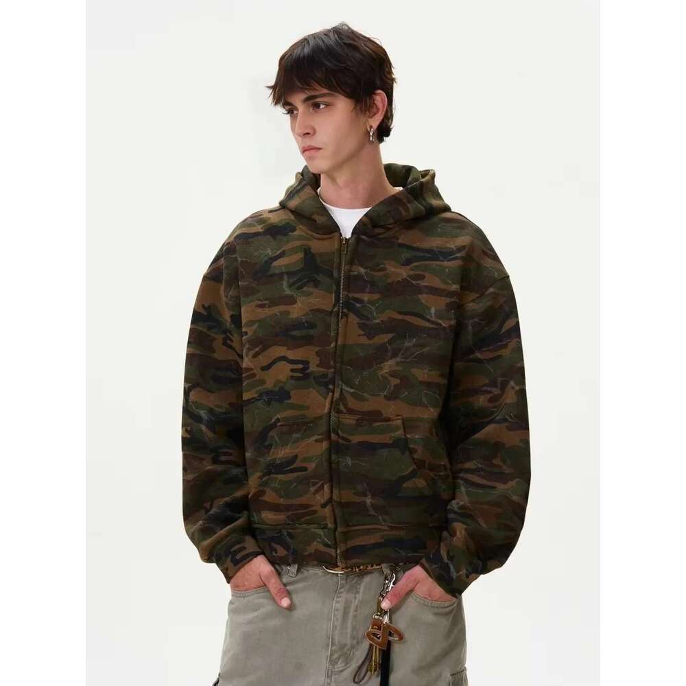 Vintage Corrugated Washed Camouflage Hooded Jacket Haruku Streetwear Zip Up Hoodies