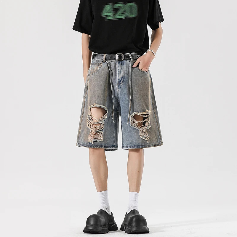 Mens denim shorts summer long street retro style Distressed Ripped five quarter pants 250411Z