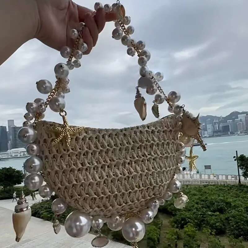 New Pearl Conch Grass Woven Handheld Beach Vacation Women's Pursecell Phone Bag