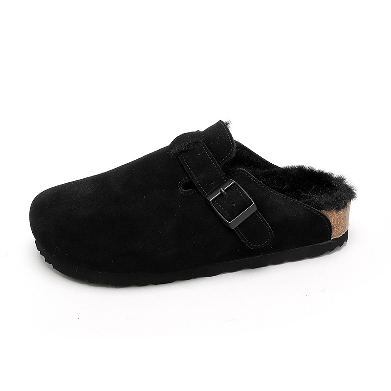 TEEMAZZI designer shoes genuine leather cork sole high quality casual shoes versatile velvet warm cotton slippers for men and woman size 35-46 black g
