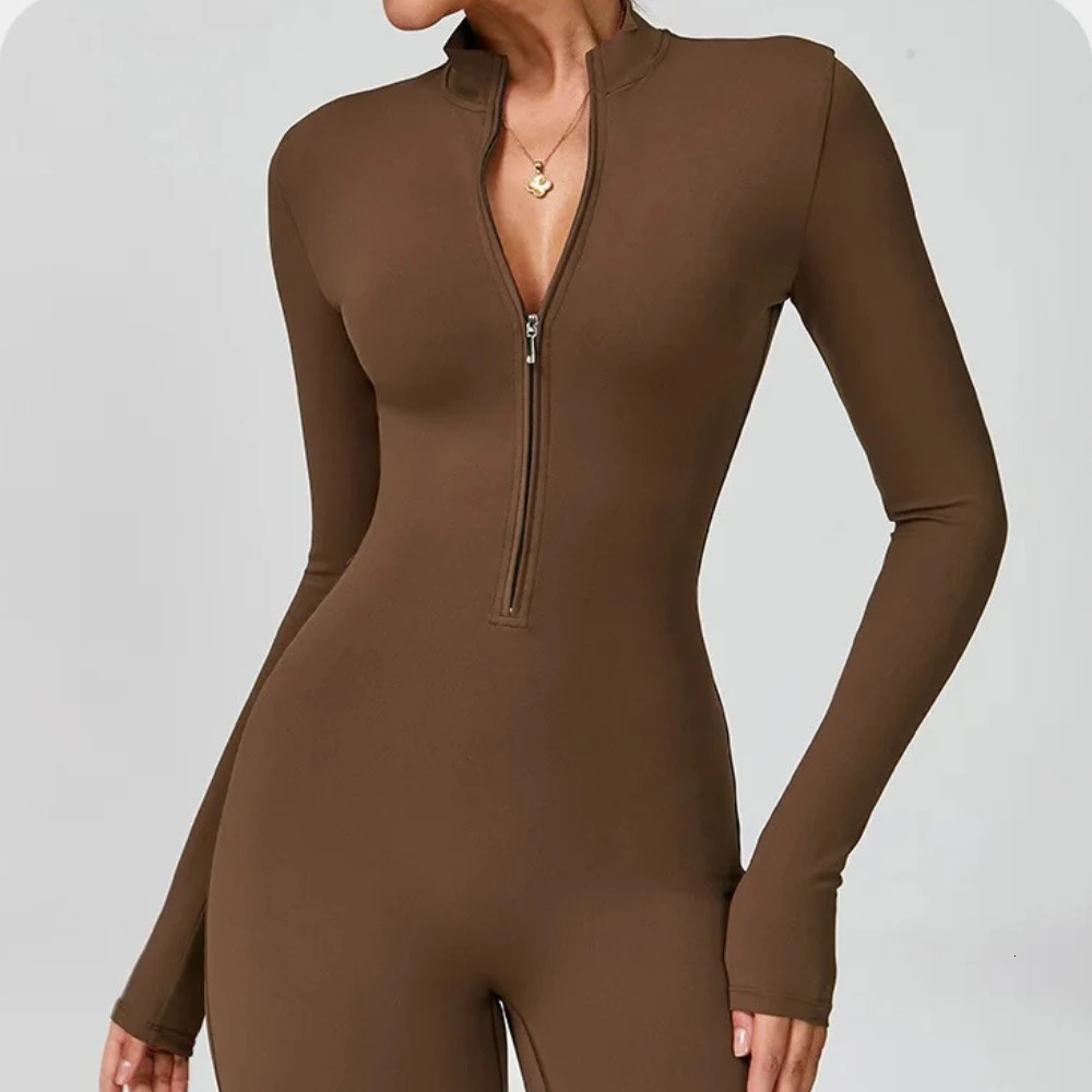 Women Tracksuit Zipper Flared Jumpsuits Yoga Suit OnePiece Sport Fitness Workout Set Stretch Bodysuit Gym Push Up Sportswear 251129