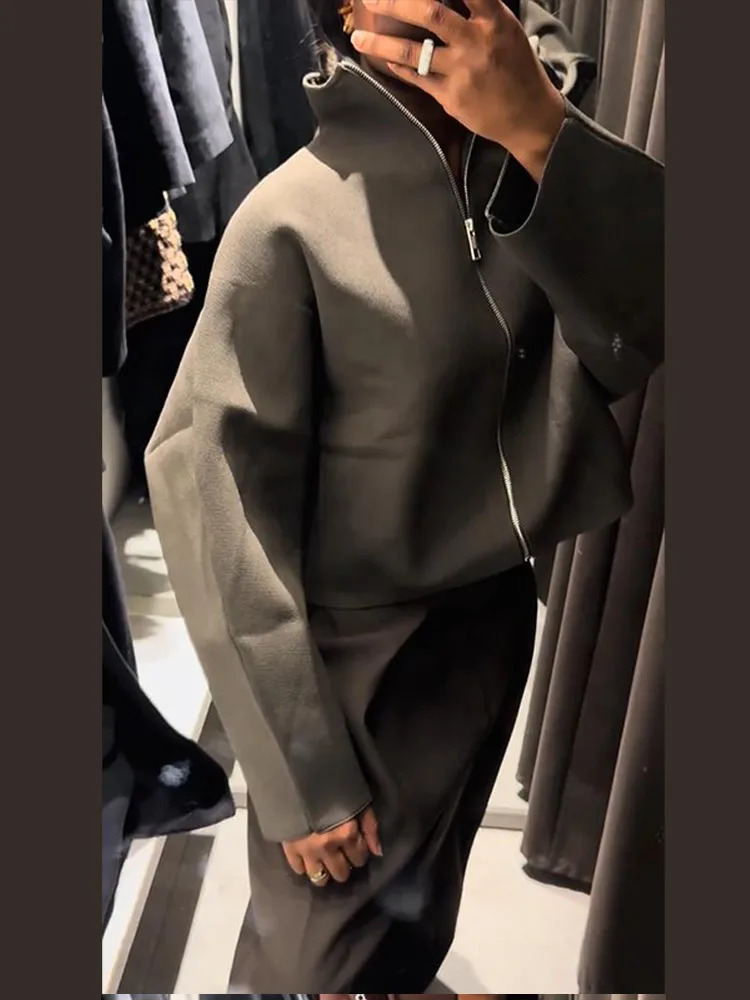 Olive Green Womens Short Coat High Neck Full Sleeve Zipper Up Oversized Cropped Jacket 2025 Autumn Female Daily Casual Outwear 251111