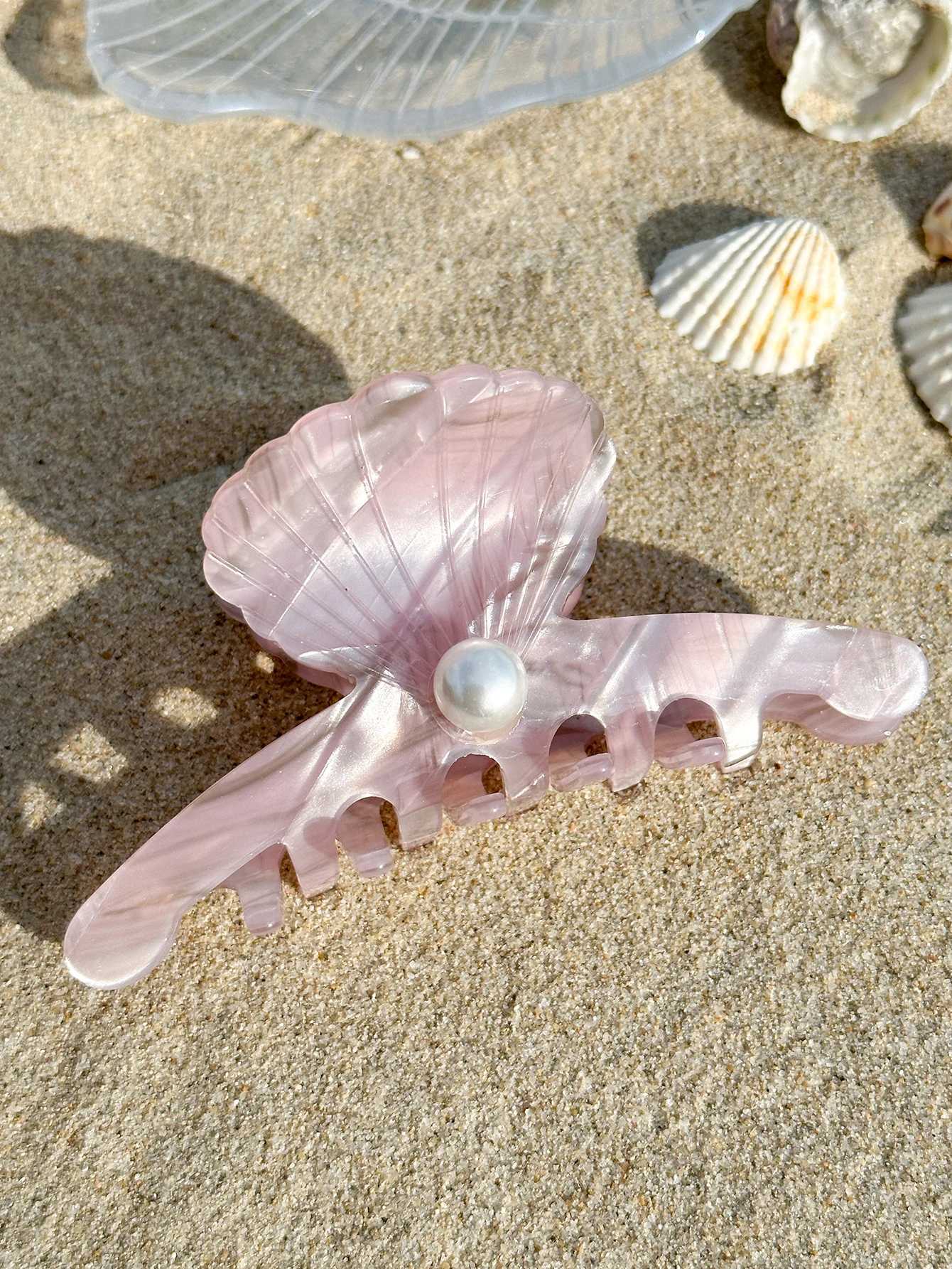 Elegant shell shaped acetic acid hair clip light purple medium-sized hair clip set with large pearls striped Pat Y2504012
