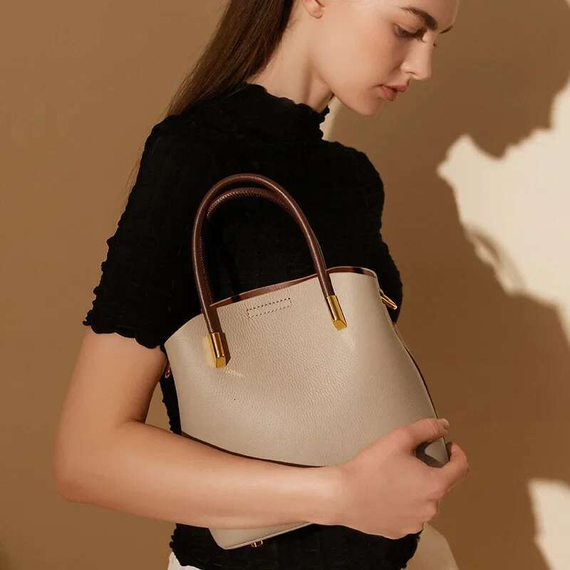 Genuine Leather Bucket Bags Women's Handbag High-End Casual Crossbody Cowhide Bag
