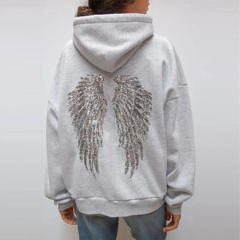 Sequined Embroidery Women's Hoodies High Street Light Colored Gothic Sequined Wing Design Hooded Sweatshirt Korean Fashion Minimalist Jacket Coup