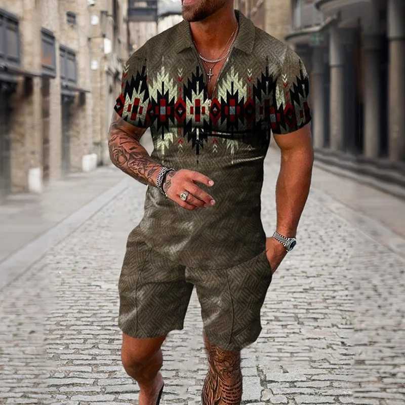 Zipper polo shirt 2-piece set for holidays and summer new mens 3D printed beach style casual clothing oversized and high-qualityXJ250412