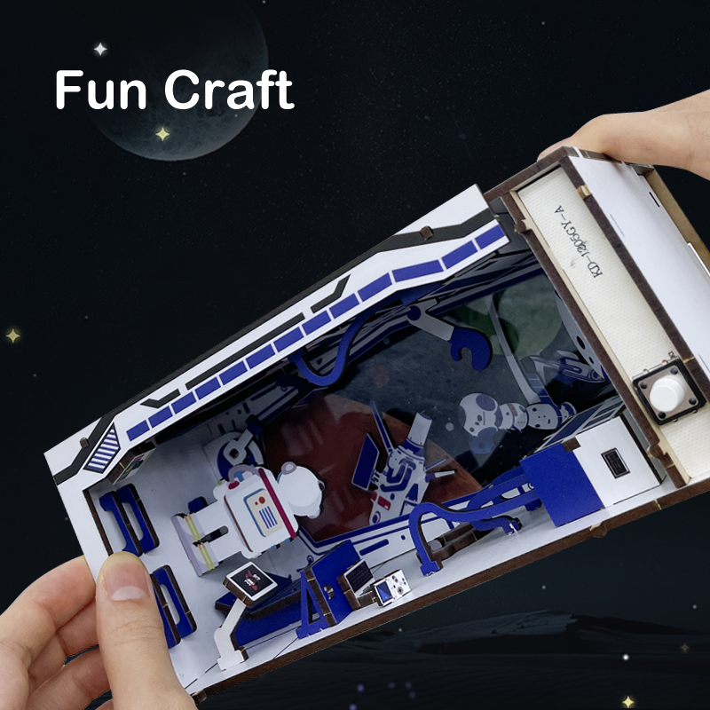 Space World DIY Assembled Bookend, Exquisite Astronaut-Themed Wooden Craft with LED Light Effect, Creative Bookshelf Insert Decor for Space Enthusiast