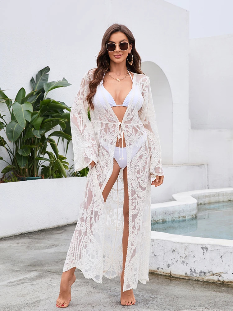 Women Beach Floral Mini Dress Bikini Cover-ups Lace Crochet Hollow Bathing Suit Swimsuit White Tunic Sarong Wrap Beachwear 250411