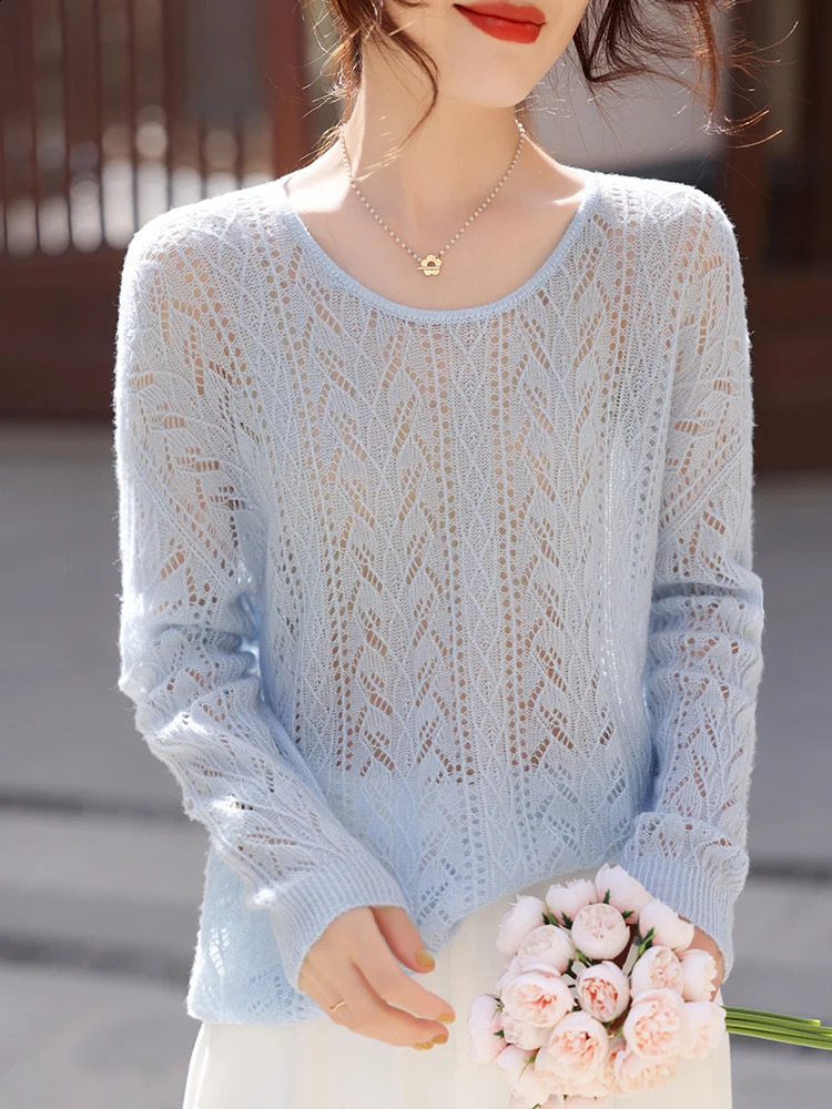 Spring Summer Ladies Hollowed Out Knit Pullover Fashion Loose O-neck Women Silk Cashmere Sweater High End Soft Knitwears Tops 250411