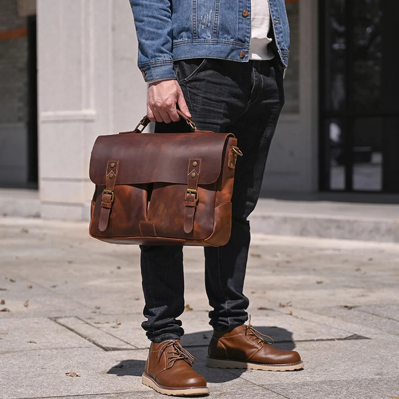 Luufan Mens Briefcase Genuine Leather A4 File Document Handbag Male Soft Cow Leather Laptop Shoulder Bag Business Computer Bag 250407