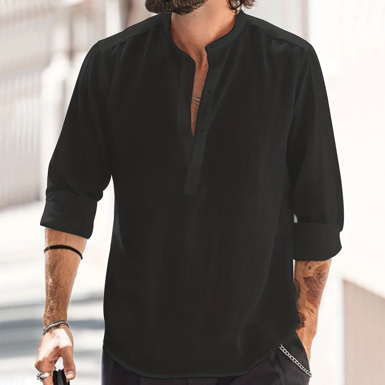 European American Foreign Trade Mens Casual Stand-up Collar Solid Color Long-sleeved Shirt Slub Cotton and Linen Shirt 250411