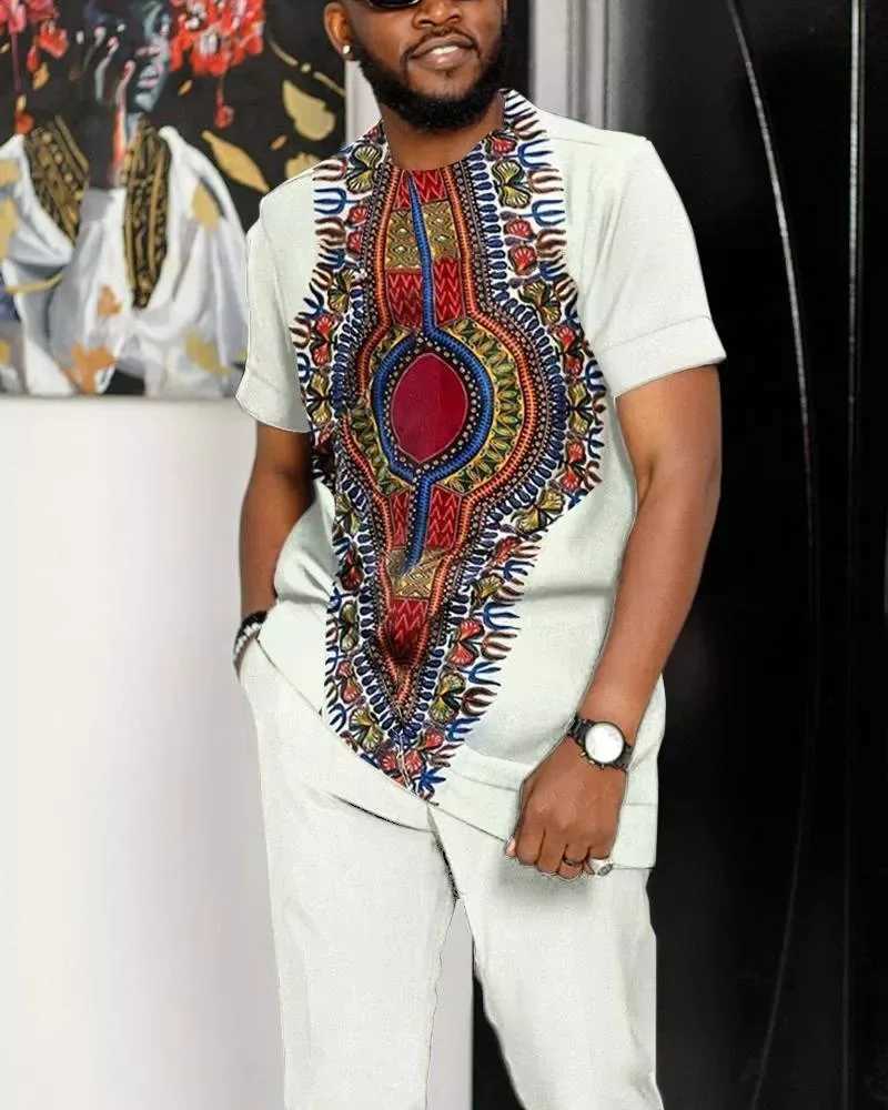 African mens summer Egyptian clothing oversized T-shirt mens 2-piece short sLeeved casual setXJ250412