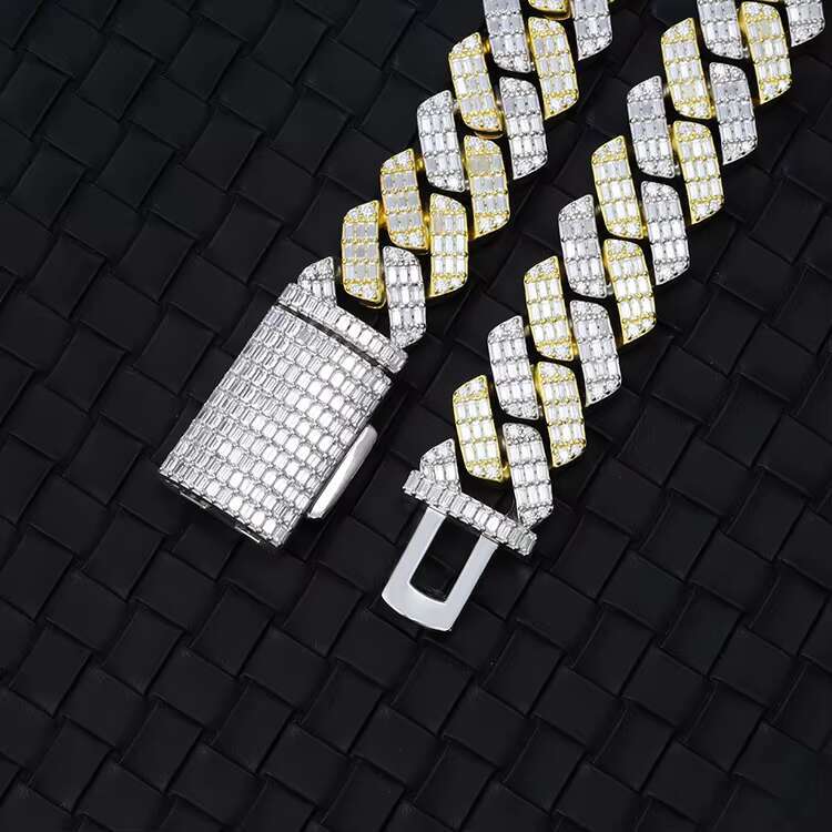 Customized Hip Hop Jewelry 19mm Whitegold Plated Iced Out D VVS Moissanite Cuban Link Chain Necklace baguette Cuban Chain