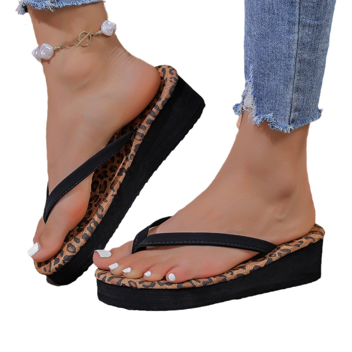 2025 Summer New Wear Thick Bottom Slope Heel Cool Slippers with Bare Toes, Casual Large Flip Floors