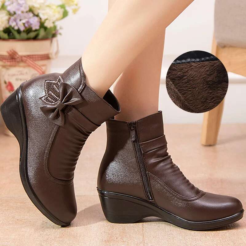 2025 New Bow Leather Boots Microfiber Women's Ankle Black Designer Fashion Zipper Warm Winter Shoes