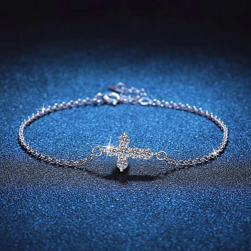 Wholesale Adjustable Chain Gift 925 Sterling Silver Cross Bracelet Certified 3mm D Color Moissanite Bracelet for Women
