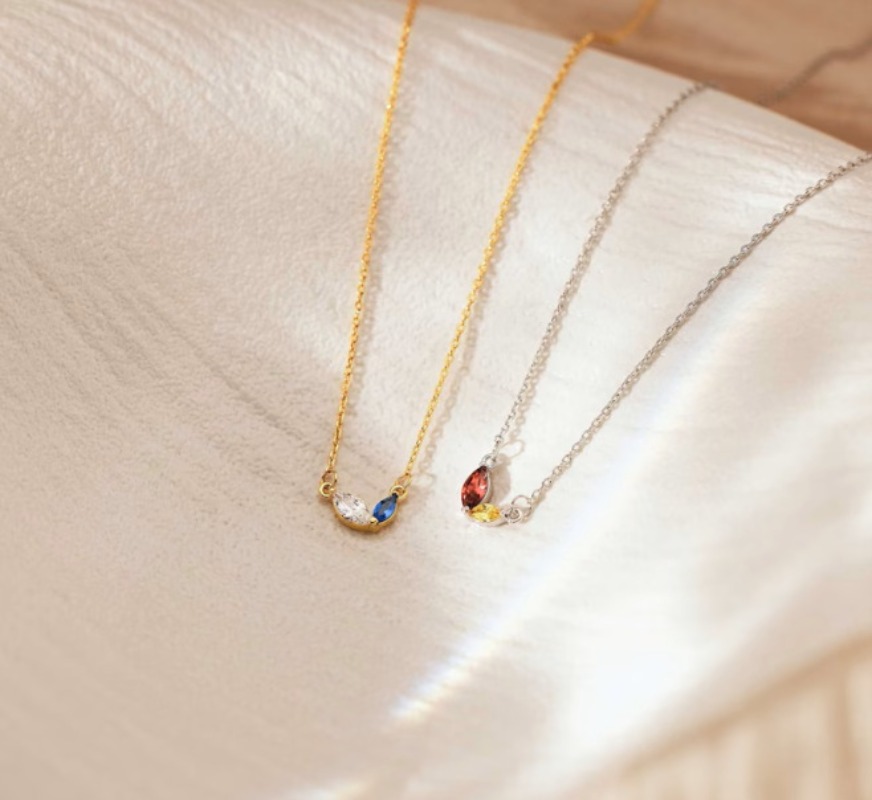Custom Gold Plated Marquise Birthstone Necklace Simple Multi-Color Zircon Link Chain for Anniversary Birthday Mother's Day Gift