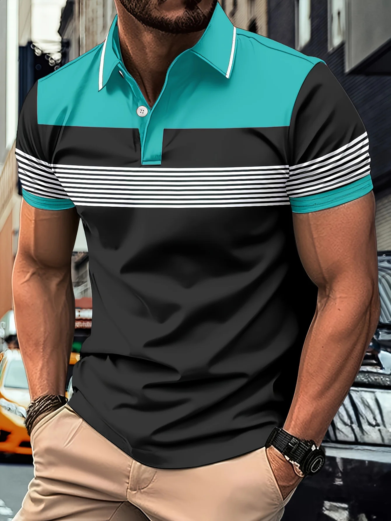 2025 Mens Fashion Color Block Shirt Lapel Golf Shirt Short Sleeve Printed Button Clothing Fashion Casual Breathable 250408