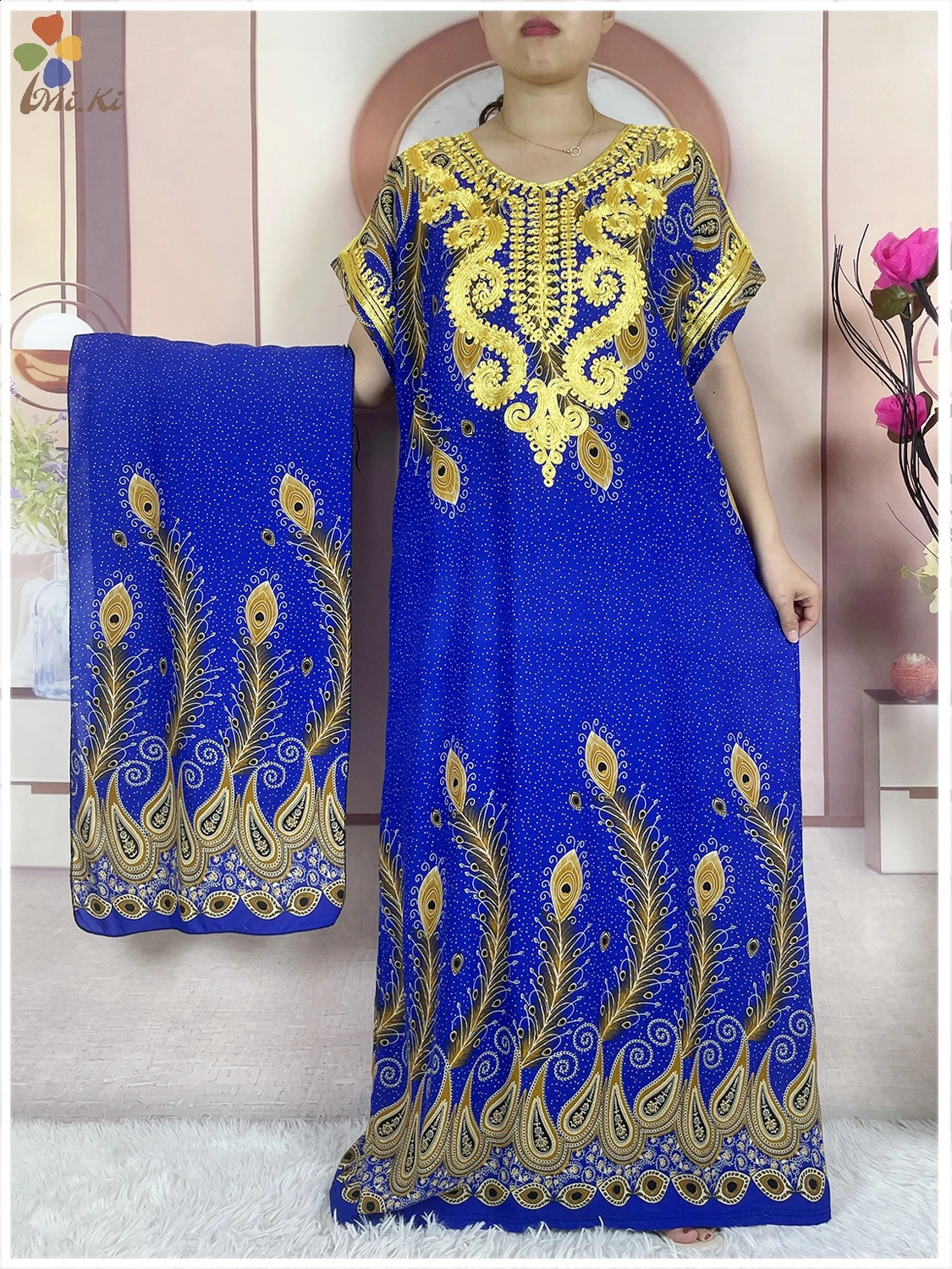 High quality African Abaya womens party dress cotton y printed loose floral fabric Maxi Islamic short sleeved clothing 250411