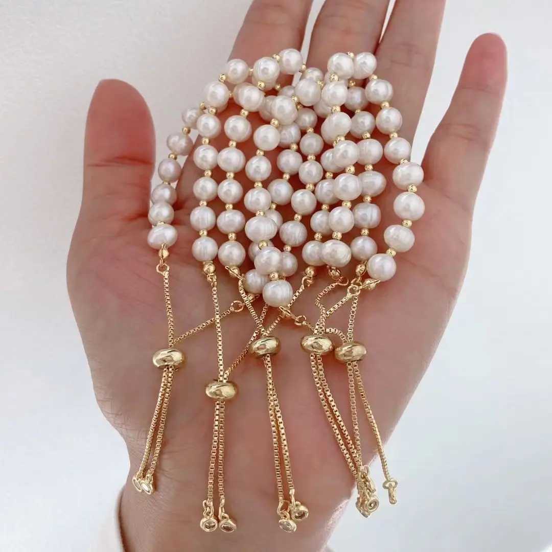 5PCS Gold Color Beads Freshwater Pearls Adjustable Chain Bracelet Bangles For Women Elegant Ladies JewelryC250411
