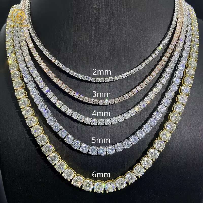 Hip Hop Jewelry 2.0mm-6.5mm Pass Diamond Tester Large Stock VVS Moissanite Diamond 925 Silver Iced Out Tennis Chain Necklaces