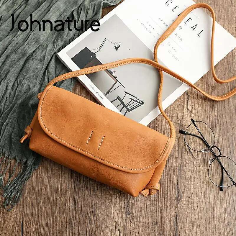 Johnature Handmade Retro Soft Cow Leather Women 2025 New Simple Solid Color Shoulder Bags Leisure Ladies Small Messenger Bag