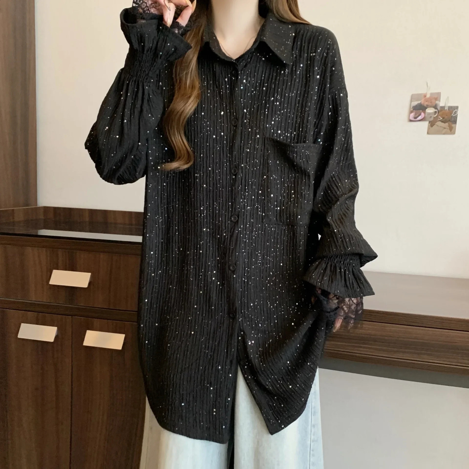 Black Long Sleeve Glitter Top Womens Spring Plus Size Loose Fit Medium Length Top Shiny Fabric Shirt Womens Clothing 250411