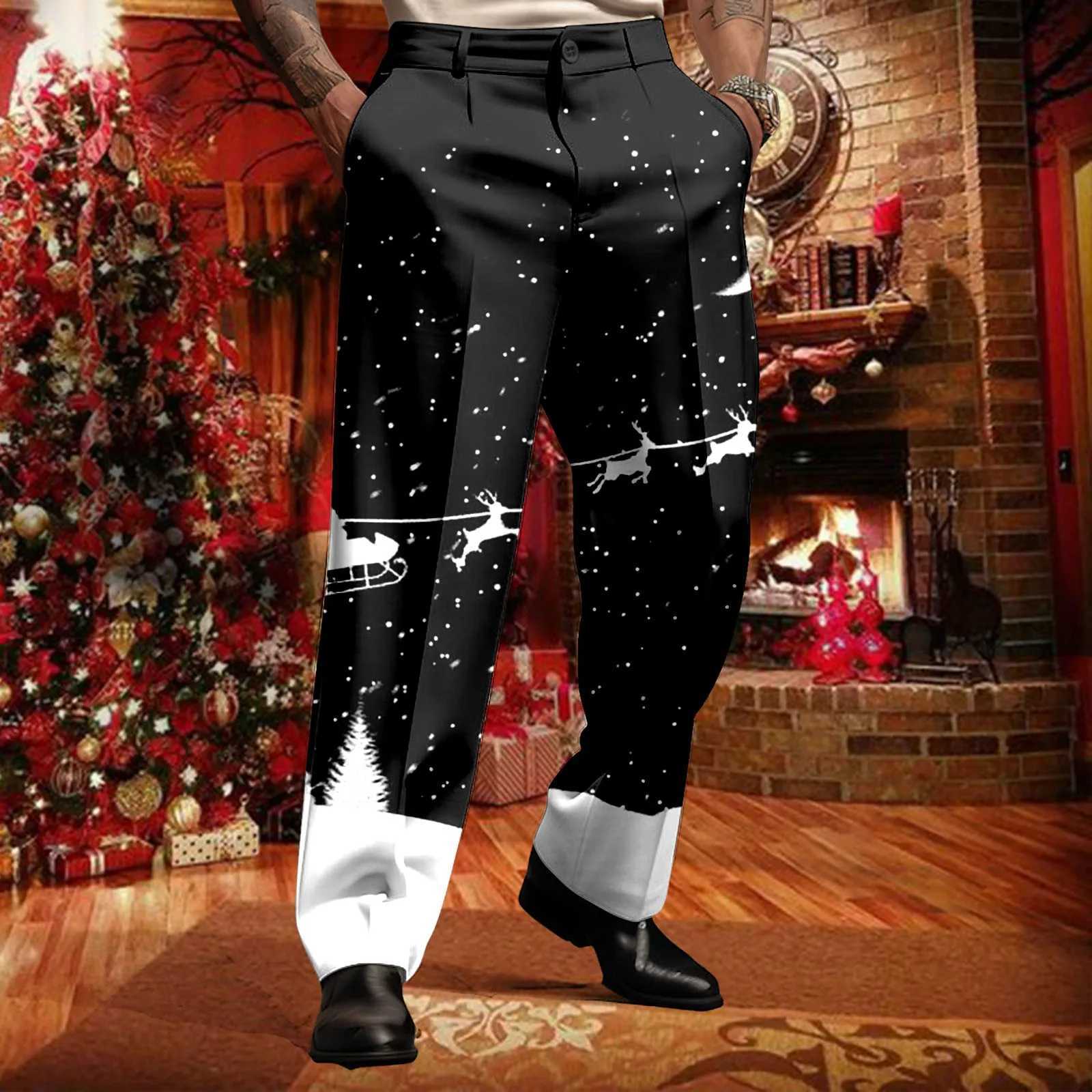 Merry Christmas set pants mens snowflake print Trouser holiday casual button dress pants party Christmas formal pants W250411