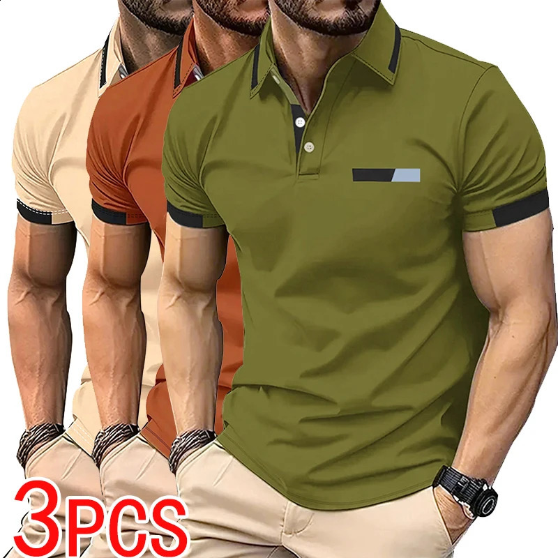 Summer Mens Short Sleeved 3-piece Set with a Lapel Polo Shirt Mens Casual Golf Top Polo Shirt with Elasticity and Comfort 250408
