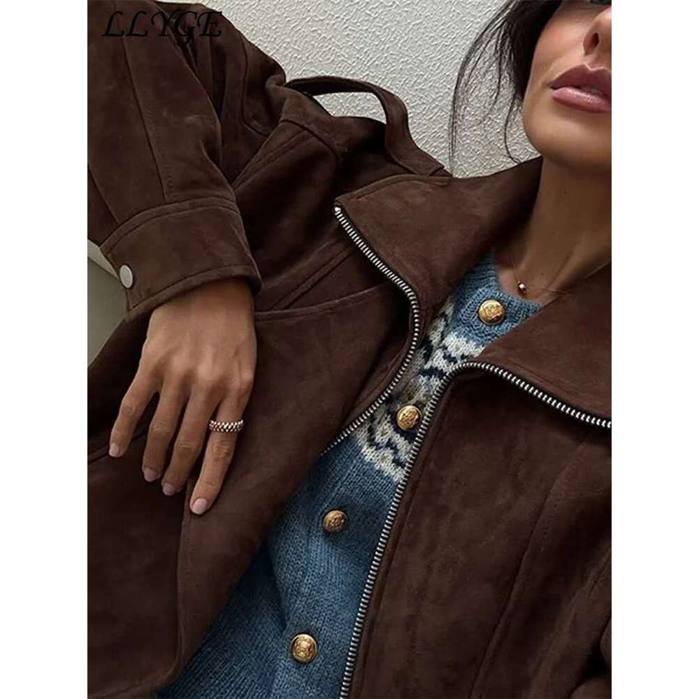 Designer Clothes Street Women's Belt Short Suede Jackets Loose Lapel Full Sleeve Zipper Female Coats 2025 Spring Lady Vintage Patchwork Outwear