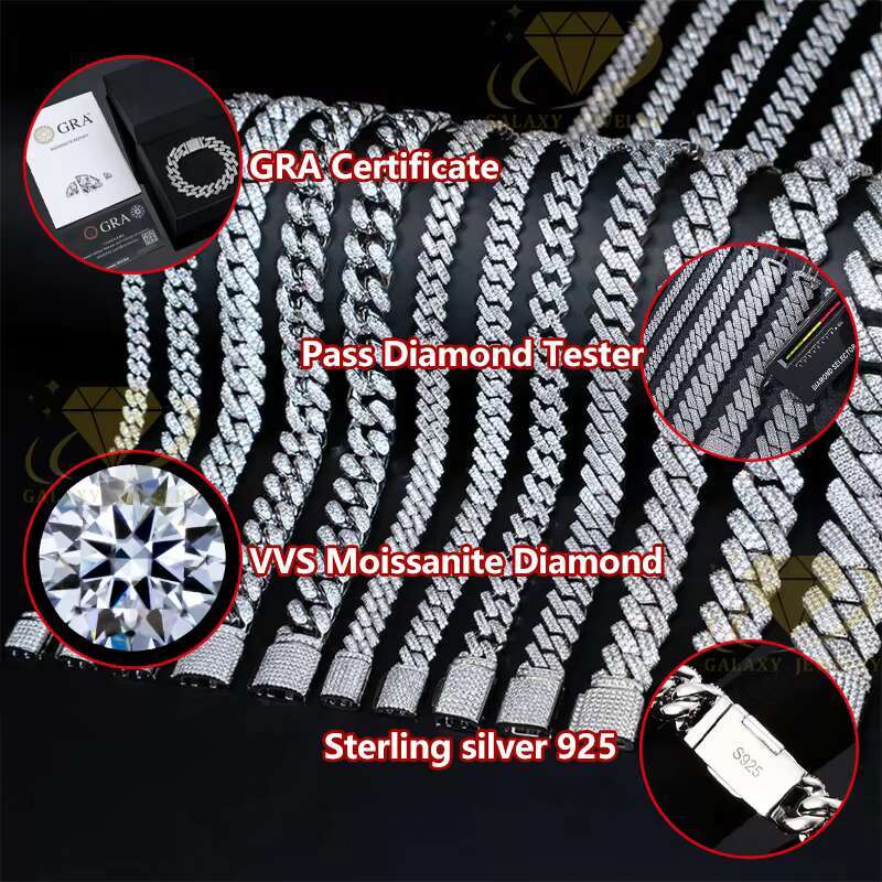 Fine Jewelry Iced Out Moissanite Chains 925 Silver 6mm-20mm Pass Diamond Tester Mens Bracelet Necklace Prong Cuban Link Chain