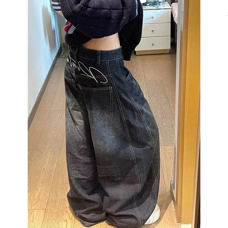 Black Womens Jeans High Waist Vintage Hip Hop Straight Baggy Pants Street Y2K American Style Wide Leg Denim Trouser Z260313