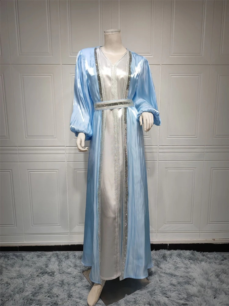 Moroccan Caftan y Silk Satin Elegant Lantern Sleeves 3Piece Dress Diamond Abaya Muslim Set Ramadan Womens Wear 250411
