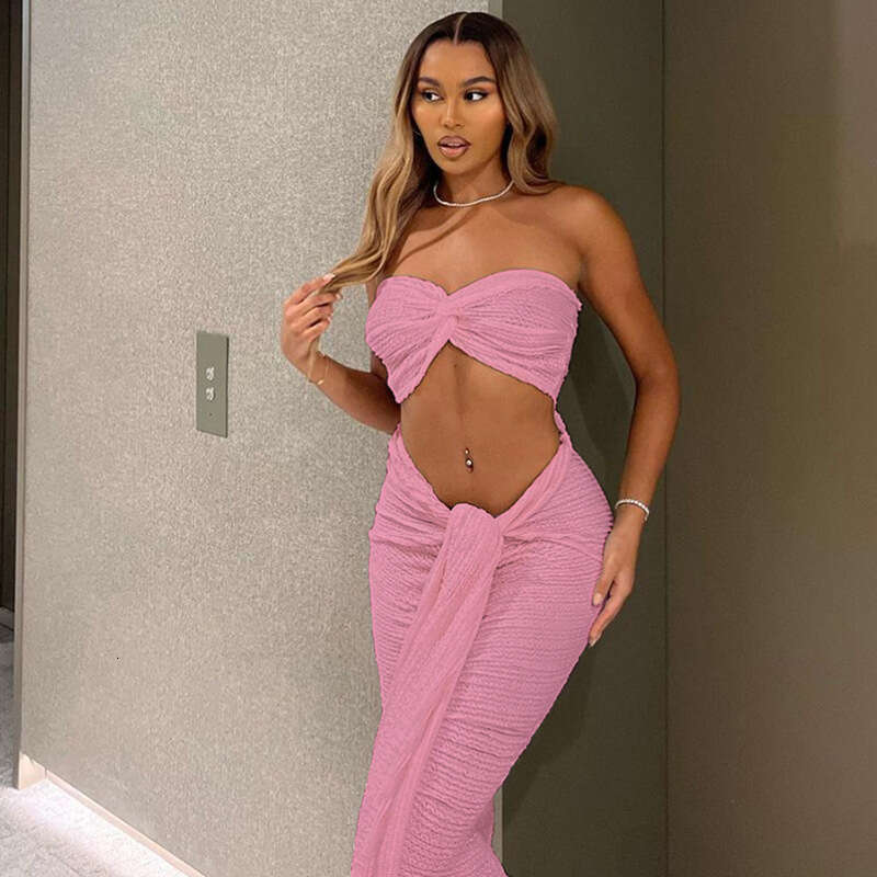 Women's Wear Women's Clothing Spring/Summer New Fashion Sexy Strapless Vest Solid Color Slim Fit Exposed Navel Lace Up Long Skirt Set