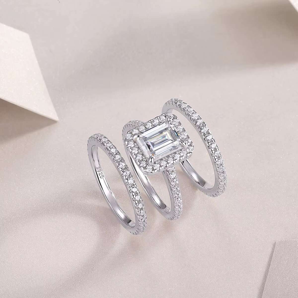 Zanlong Emerald Cut Moissanite Ring Set GRA Certified Moissanite S925 Sterling Silver Luxury Wedding Jewelry for Women