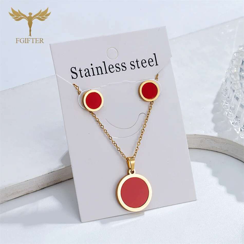 Classic Round Necklace Earrings Set for Women Gold Plated Stainless Steel Pendant Chain Ear Piercing Studs Fashion Jewelry Gifts