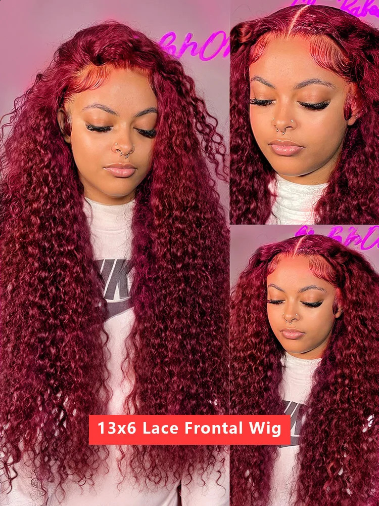 250 Density 13x4 Curly 99J Burgundy Lace Front Wig Red Wine Colored 30 40 Inch Deep Wave 13x6 HD Lace Frontal Human Hair Wigs 250409