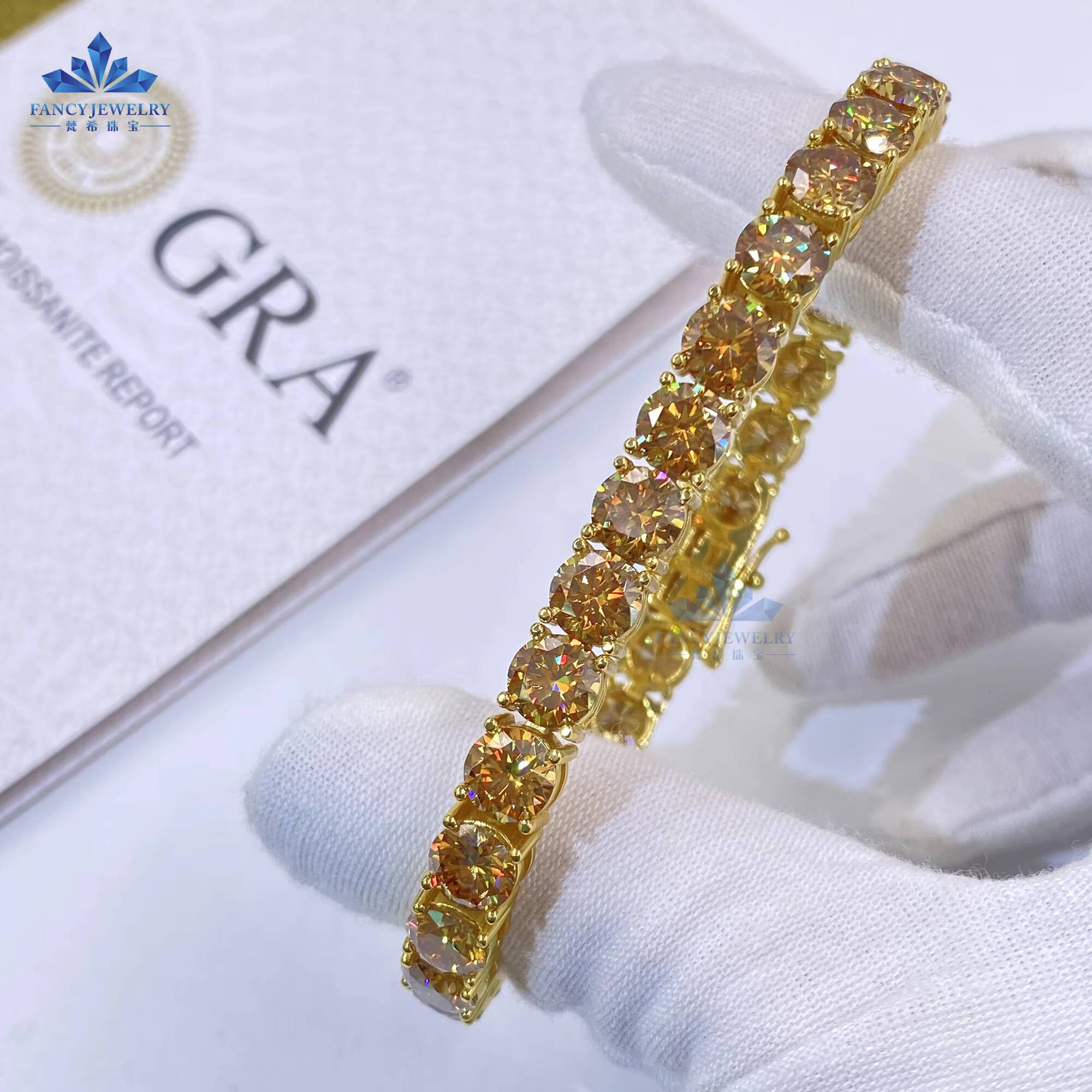 Hip Hop Bling Champagne Moissanite Tennis Bracelet 925 Sterling Silver GRA Iced Tennis Chain in 3mm 4mm 5mm 6mm Sizes Gift