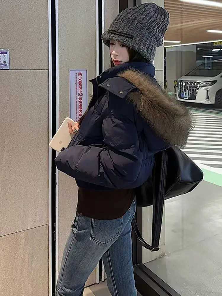 American retro fur collar warm solid color women hooded cotton coat ins winter loose casual slim cotton coat jackets Z251106