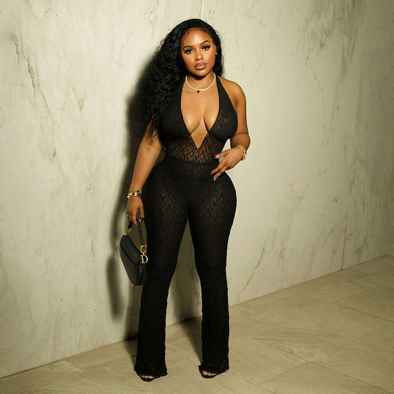Women's Wear Autumn New Women's Sexy And Fashionable Hanging Neck Deep V-Neck Perspective Lace Strap Back Jumpsuit